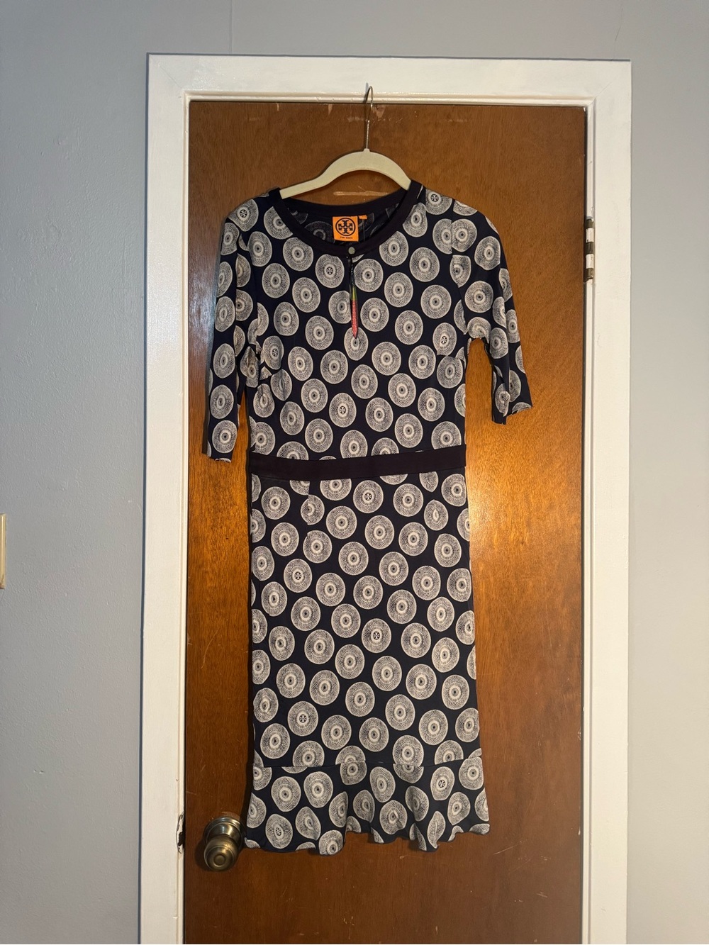 Tory Burch Navy and Ivory Circular-Print Midi Dress
